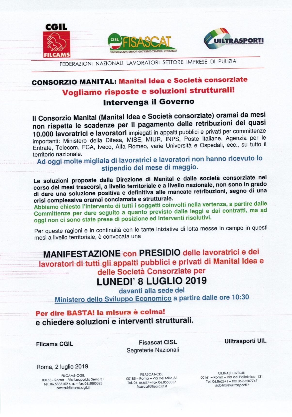 Consorzio Manital: 8 luglio manifestazione nazionale con presidio  davanti al Mise