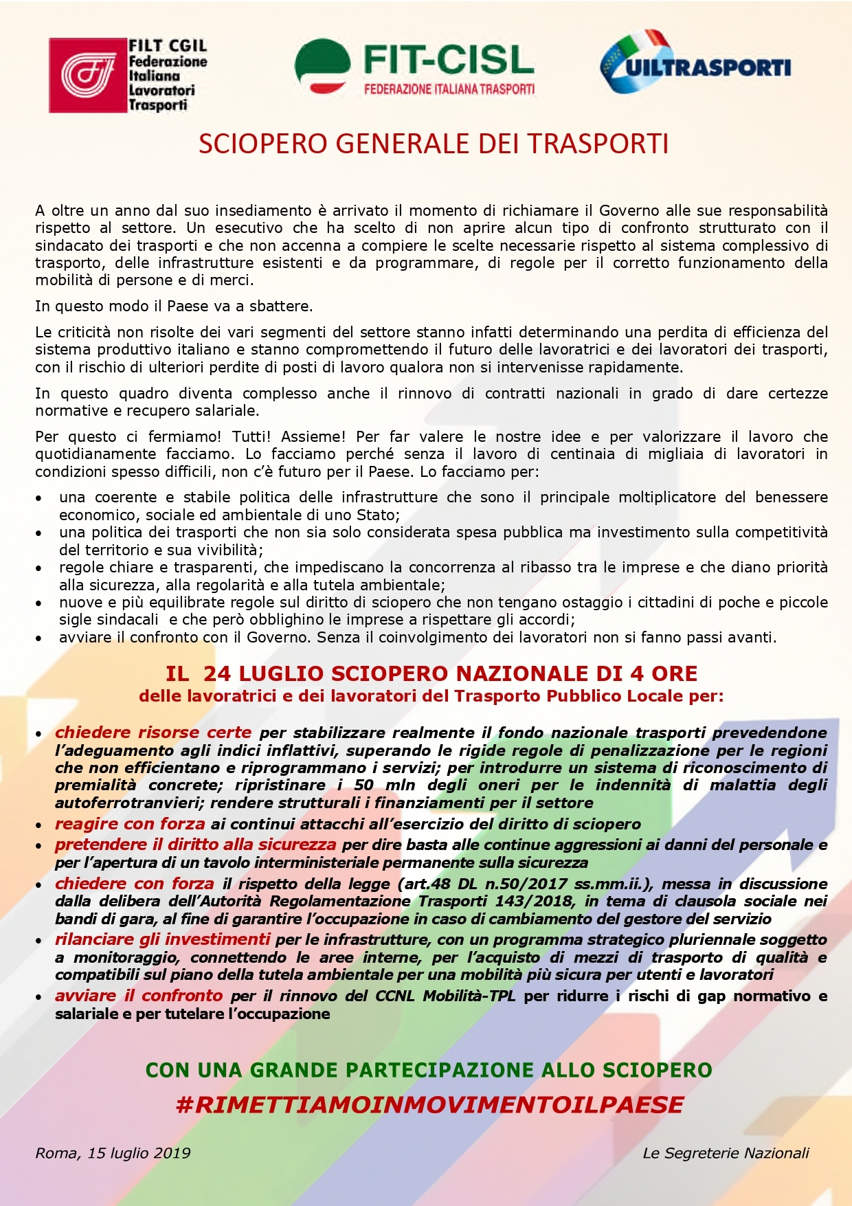 Rimettiamo In Movimento il Paese: 24 luglio Sciopero Generale TPL