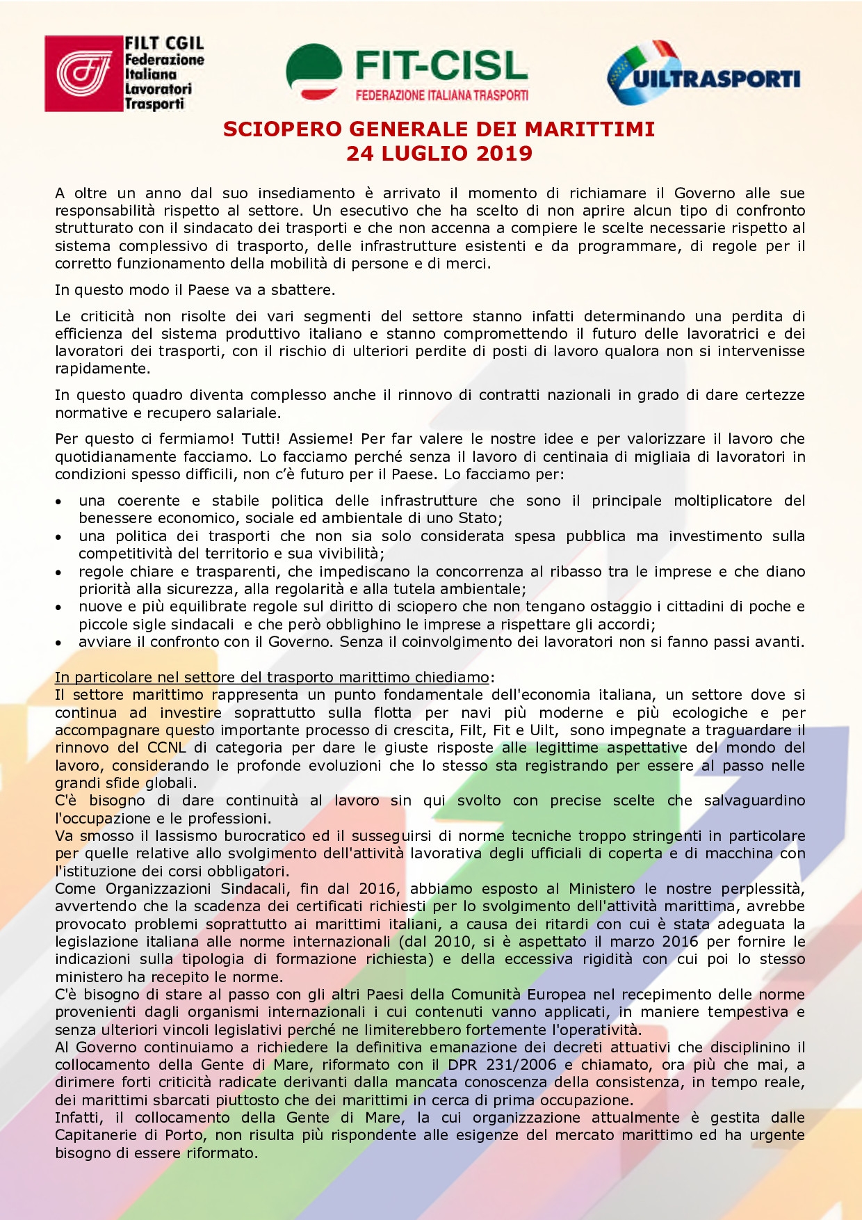 Rimettiamo in Movimento il Paese: il 24 luglio sciopero generale dei Marittimi