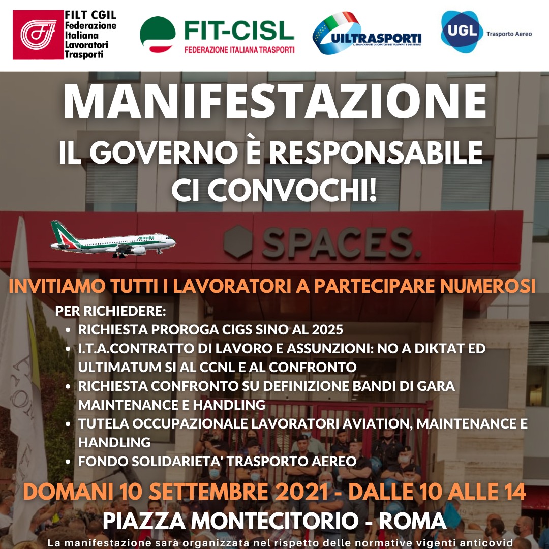 Vertenza Alitalia - ITA. Governo è responsabile, ci convochi