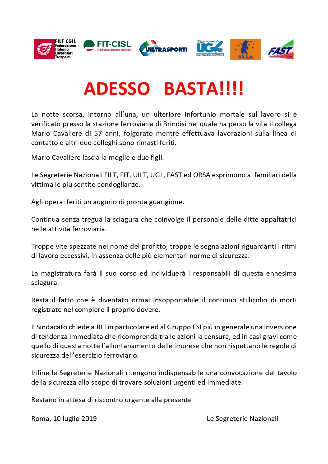 Appalti ferroviari: tragedia a Brindisi. Adesso basta!