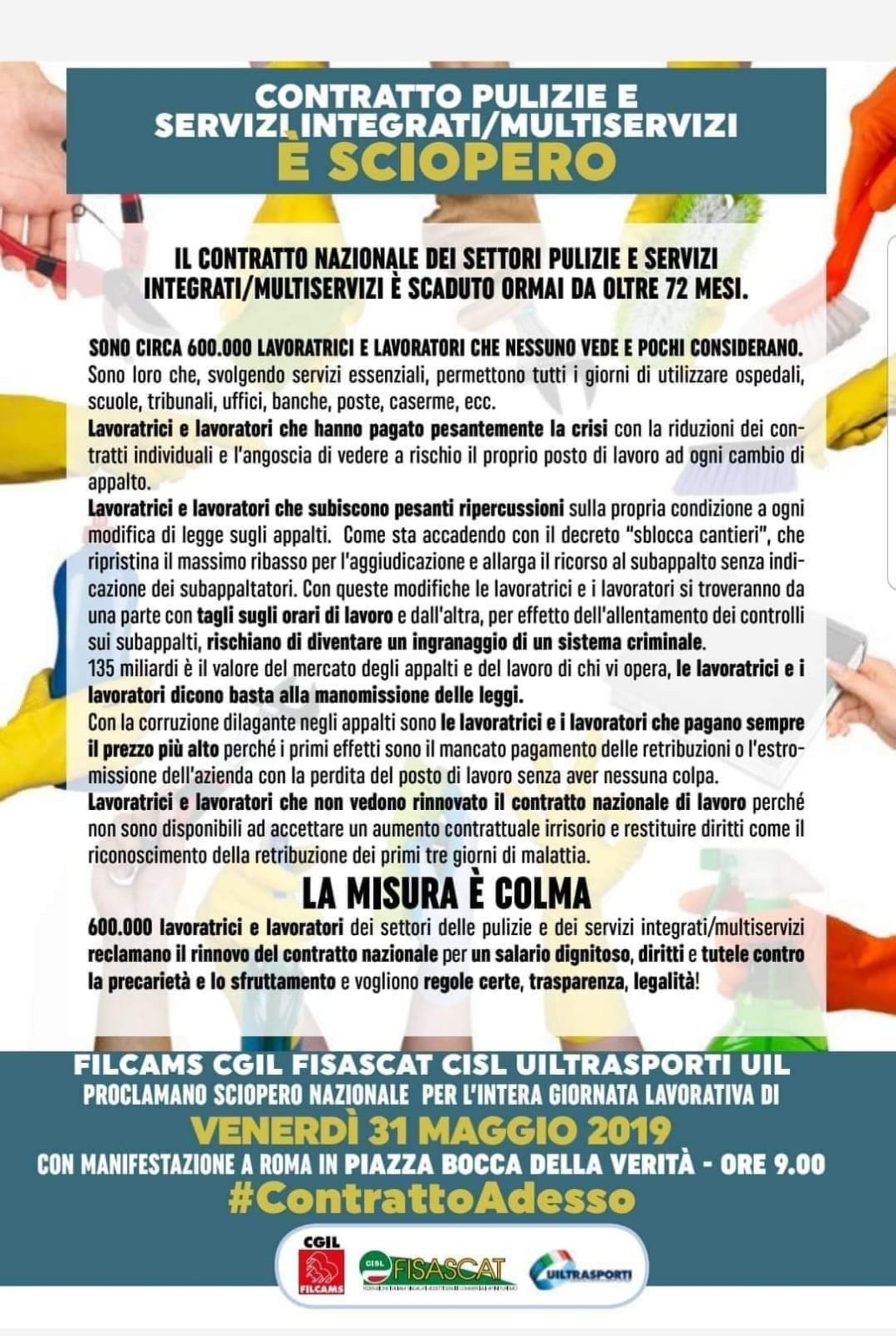Pulizie/multiservizi: sciopero nazionale 31 maggio