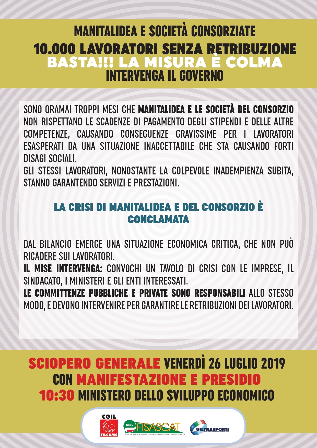 Manitalidea e societ&agrave; consorziate: 10mila lavoratori senza retribuzione. Il 26 luglio sciopero e presidio davanti al MISE