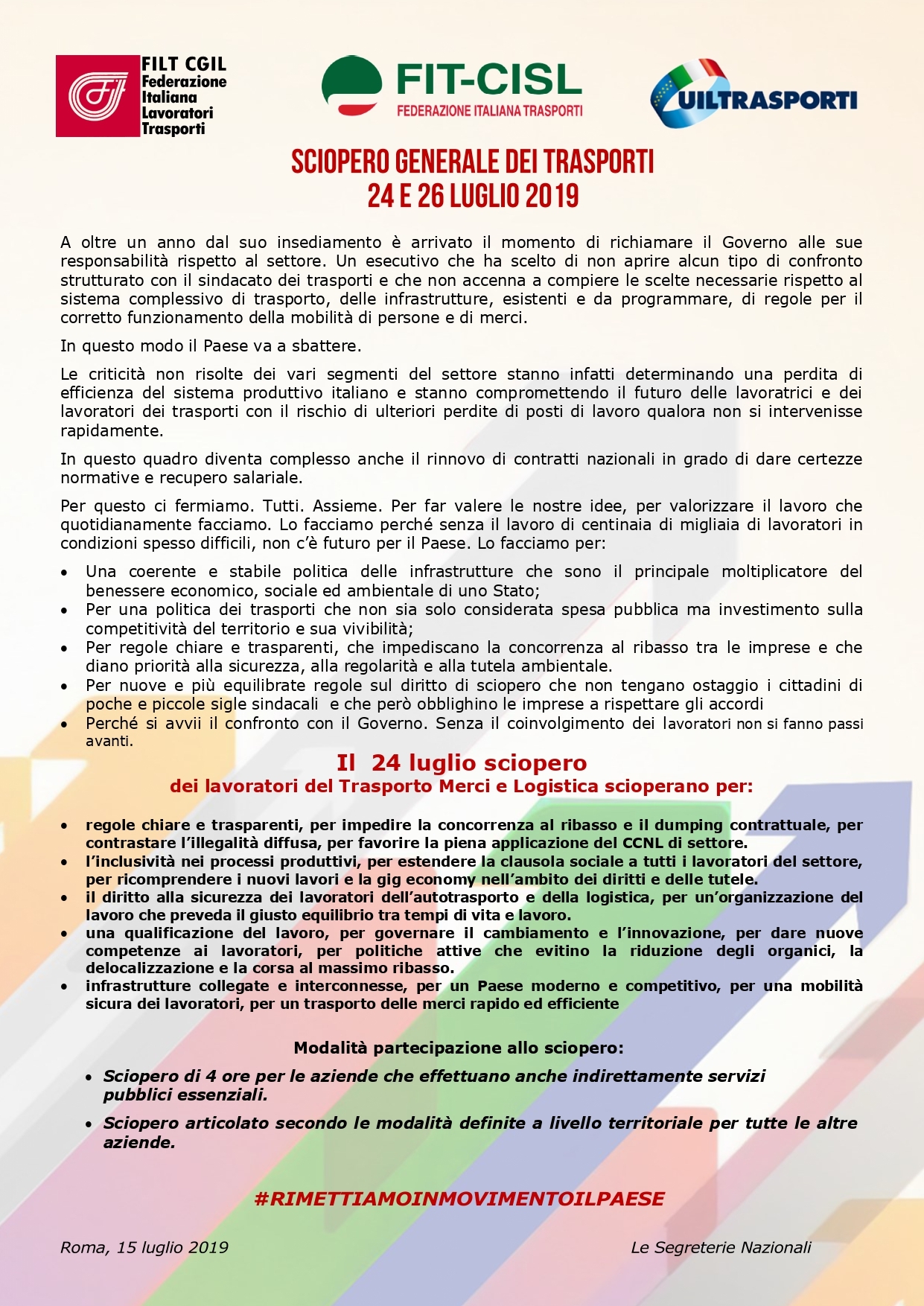 Rimettiamo in Movimento il Paese: il 24 luglio sciopero generale del Trasporto Merci e Logistica