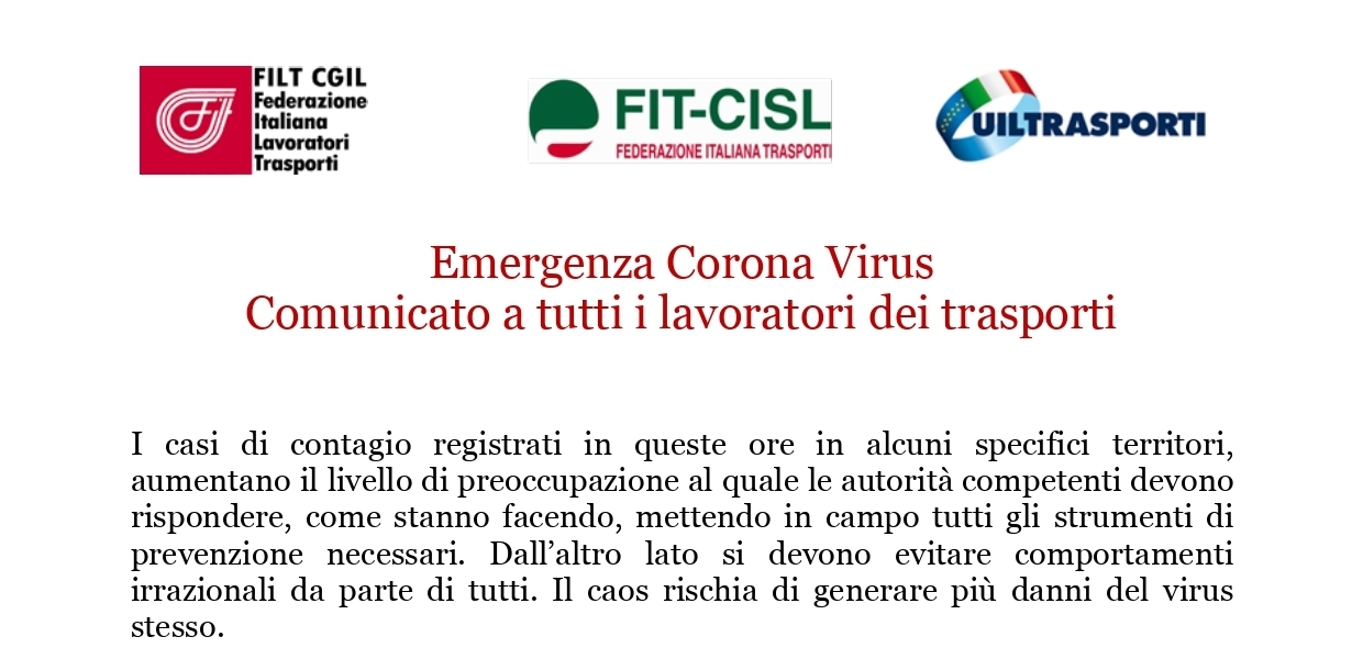 Emergenza Coronavirus: comunicato a tutti i lavoratori dei trasporti