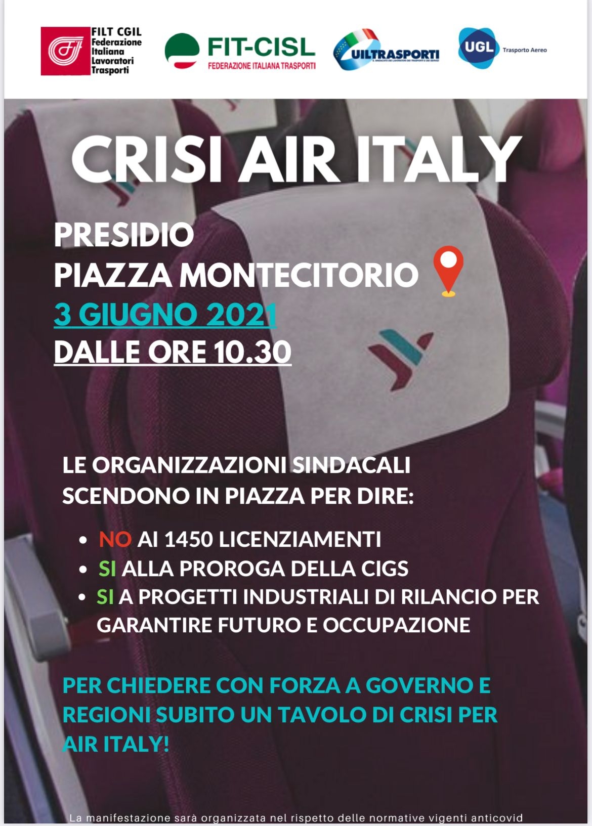 Crisi Air Italy - Presidio 3 giugno a Piazza Montecitorio dalle ore 10.30