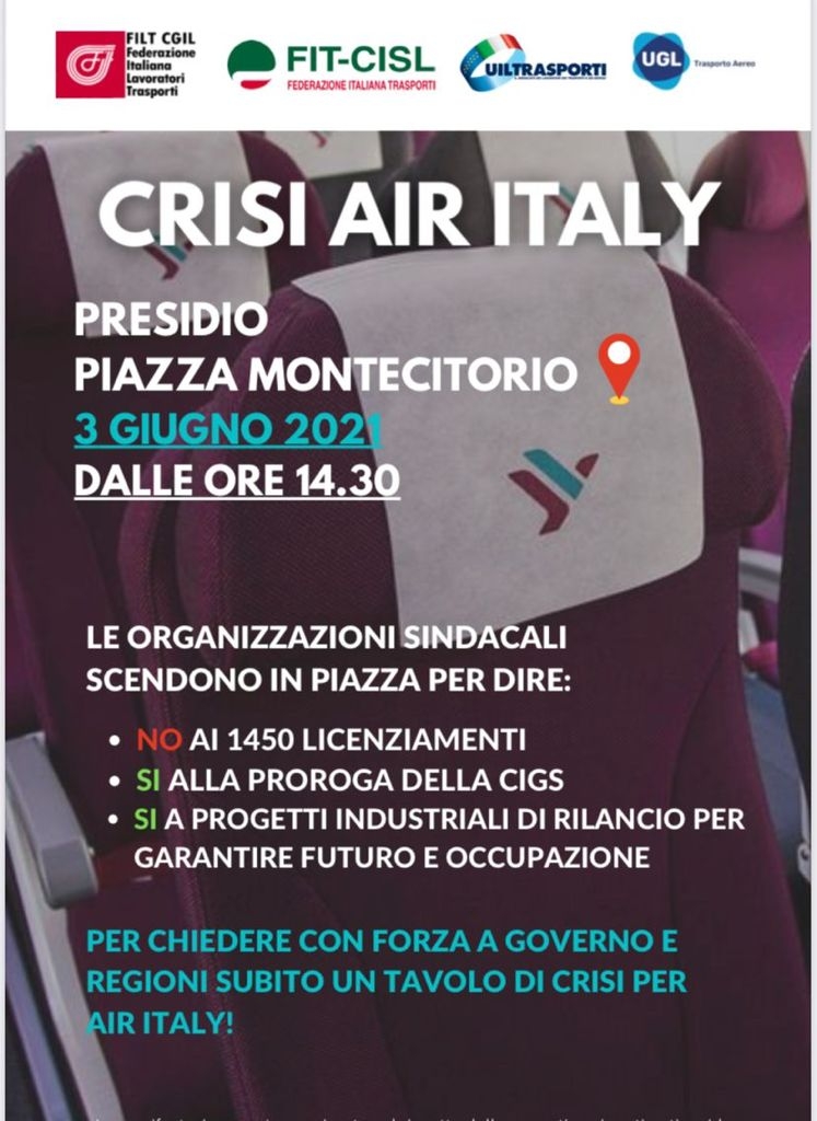 Air Italy: Sindacati, domani manifestazione a Montecitorio per dire No a licenziamenti