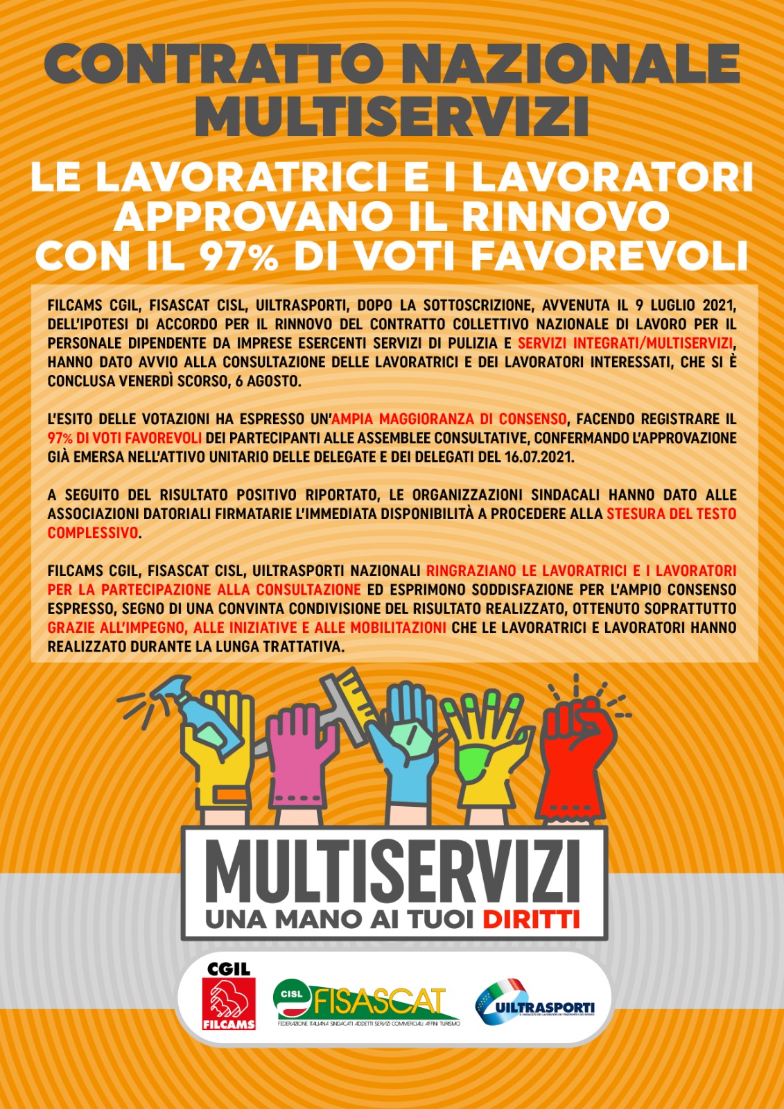 Ccnl multiservizi: le lavoratrici e i lavoratori approvano il rinnovo con il 97% di voti favorevoli
