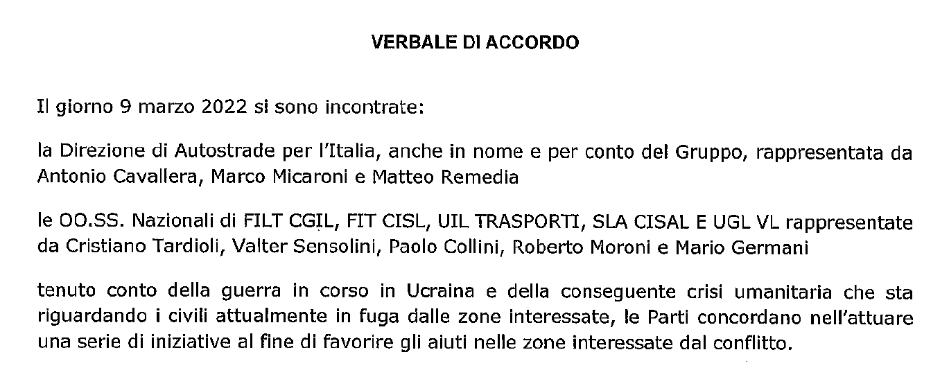 Verbale di Accordo in favore della popolazione Ucraina