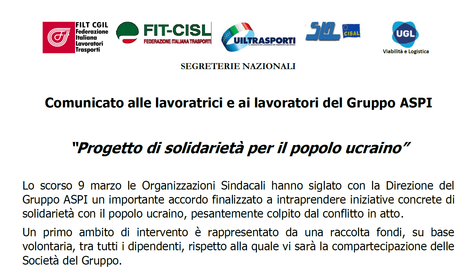 Comunicato alle Lavoratrici ed ai Lavoratori di ASPI, di solidarietà con la popolazione Ucraina