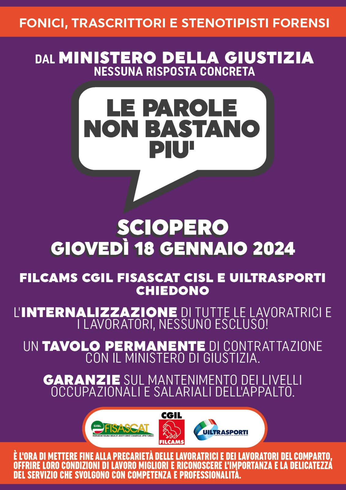 Ministero Giustizia, il 18 gennaio in sciopero i 1500 Fonici, Trascrittori e Stenotipisti addetti ai servizi di documentazione degli atti processuali