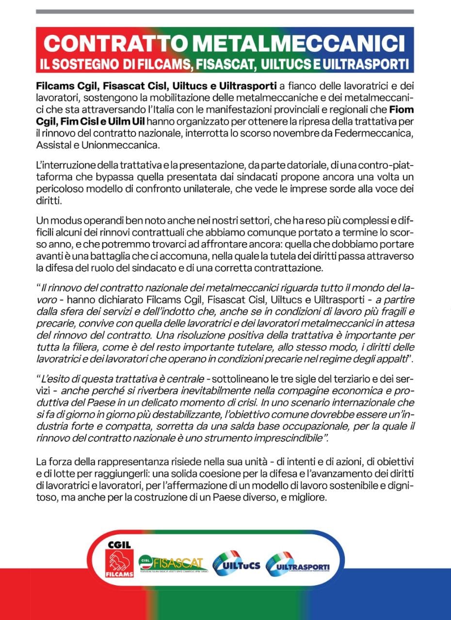 Contratto Metalmeccanici: Il sostegno di Filcams, Fisascat, Uiltucs e Uiltrasporti