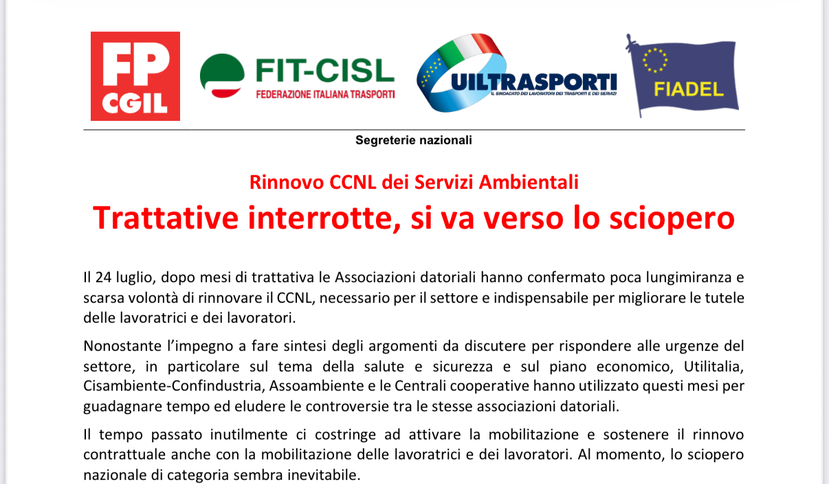 CCNL SERVIZI AMBIENTALI: TRATTATIVE INTERROTTE. SI VA VERSO LO SCIOPERO!&nbsp;